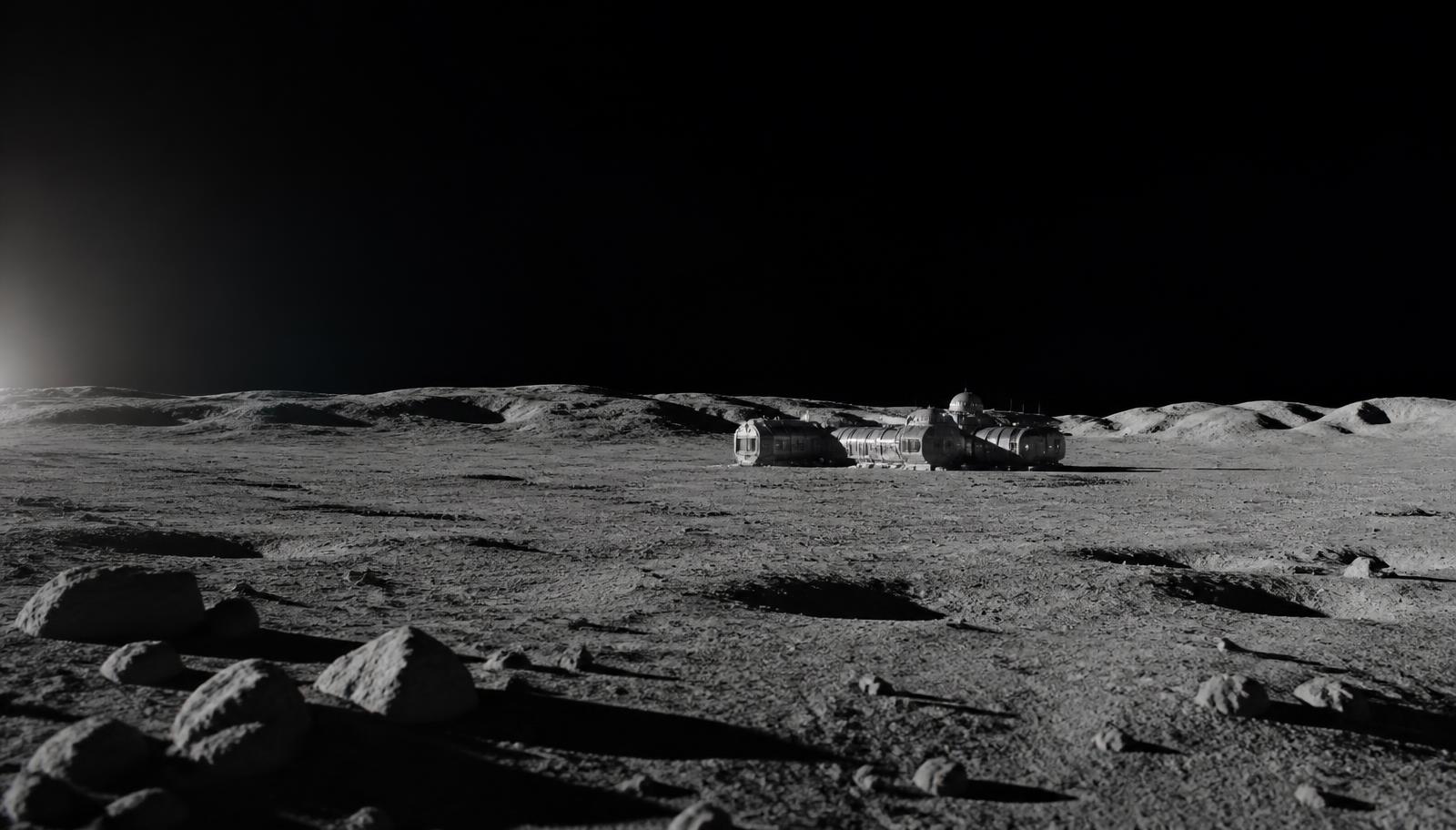 Lunar surface at dawn with a modular habitat in the distance