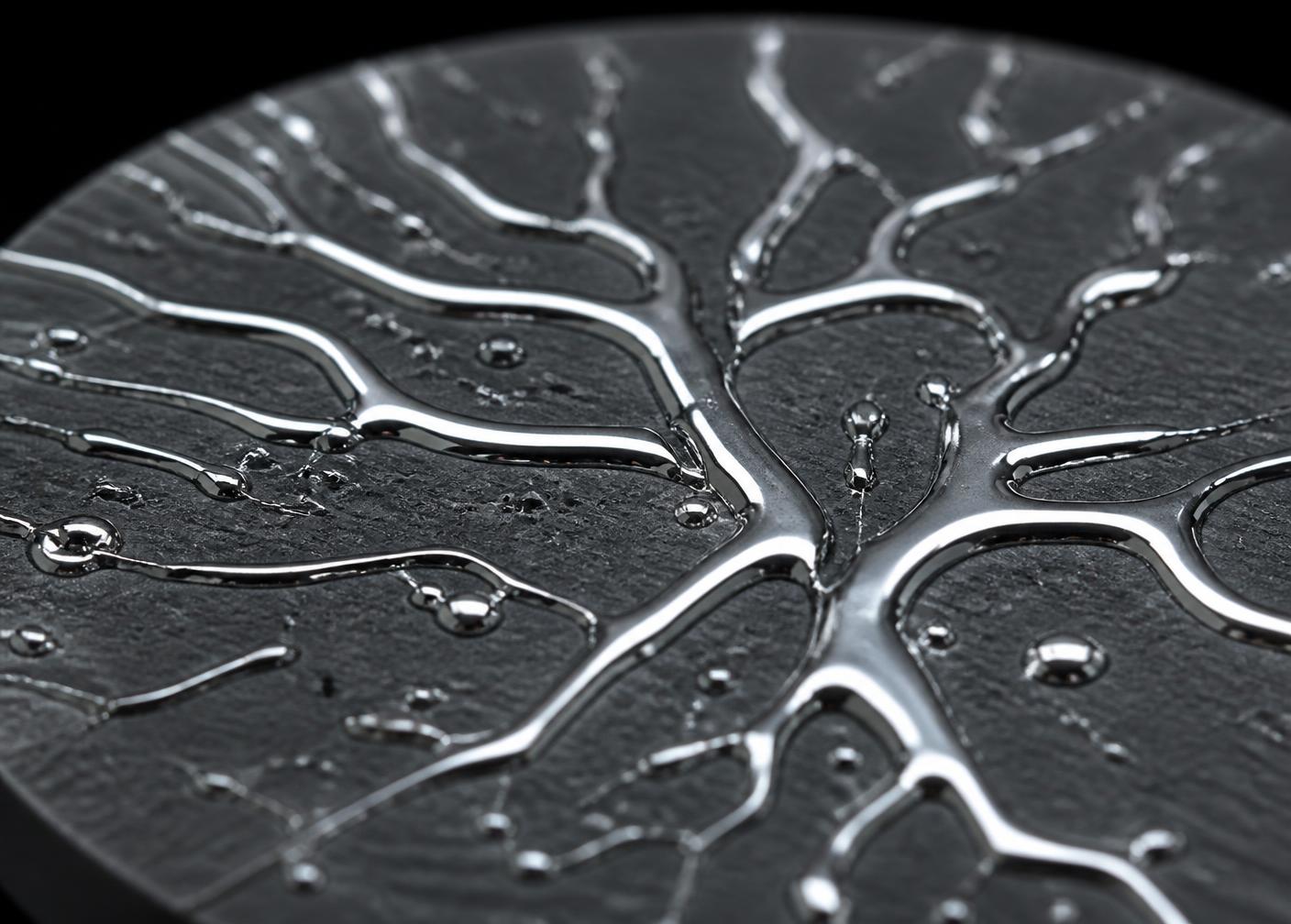 Macro view of liquid-metal filled microchannels branching through a dark composite substrate